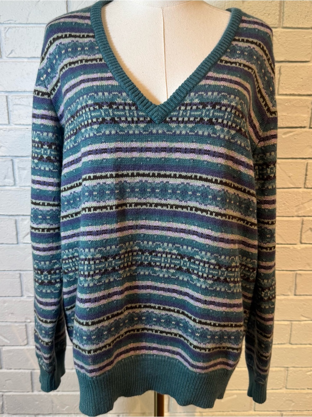 Vintage 90s y2k Eddie Bauer Cotton Angora Striped V neck Sweater XL